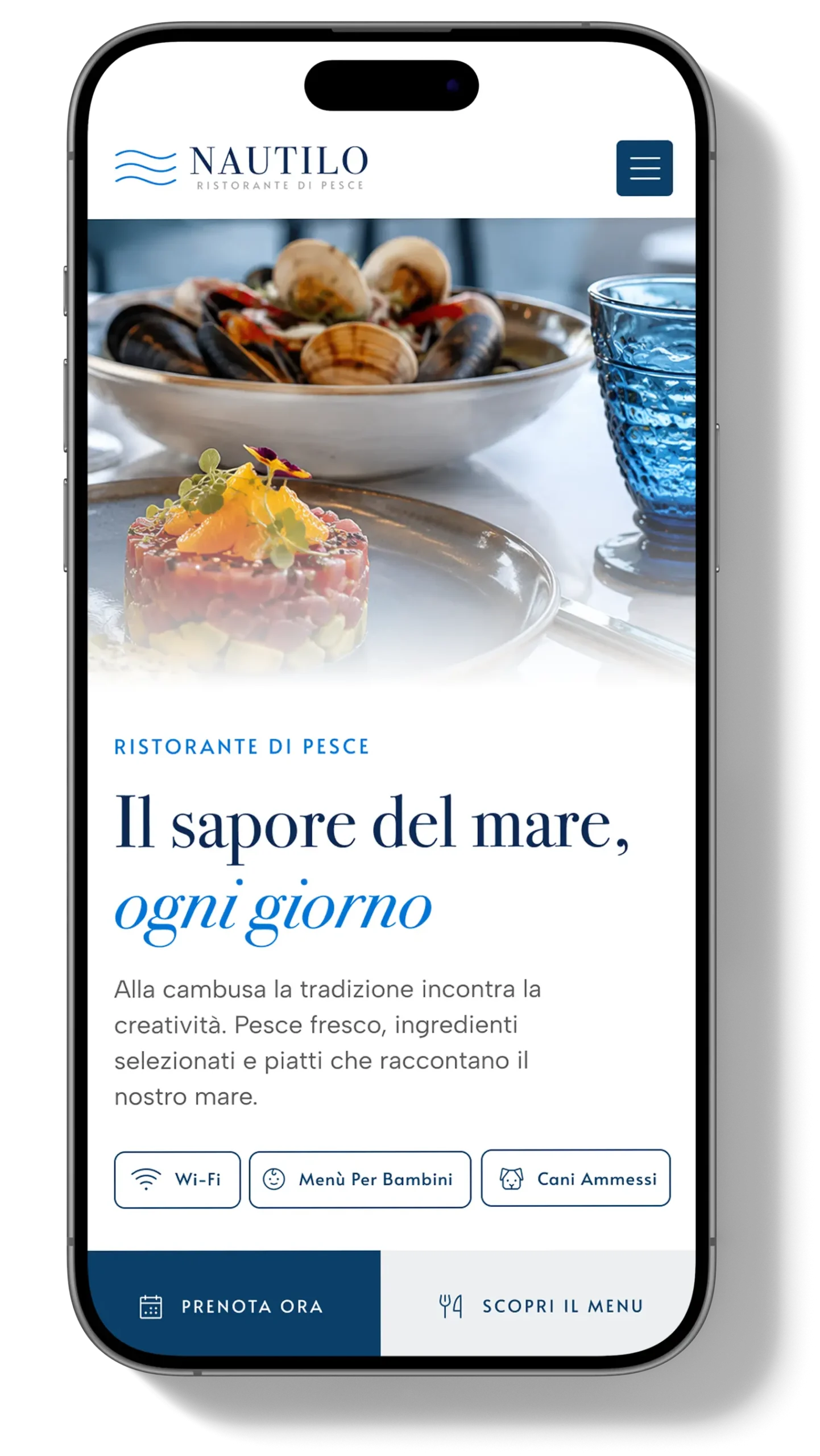 Caso studio della homepage mobile di Nautilo, sito web per ristorante di pesce realizzato in WordPress con design responsive e ottimizzazione SEO.