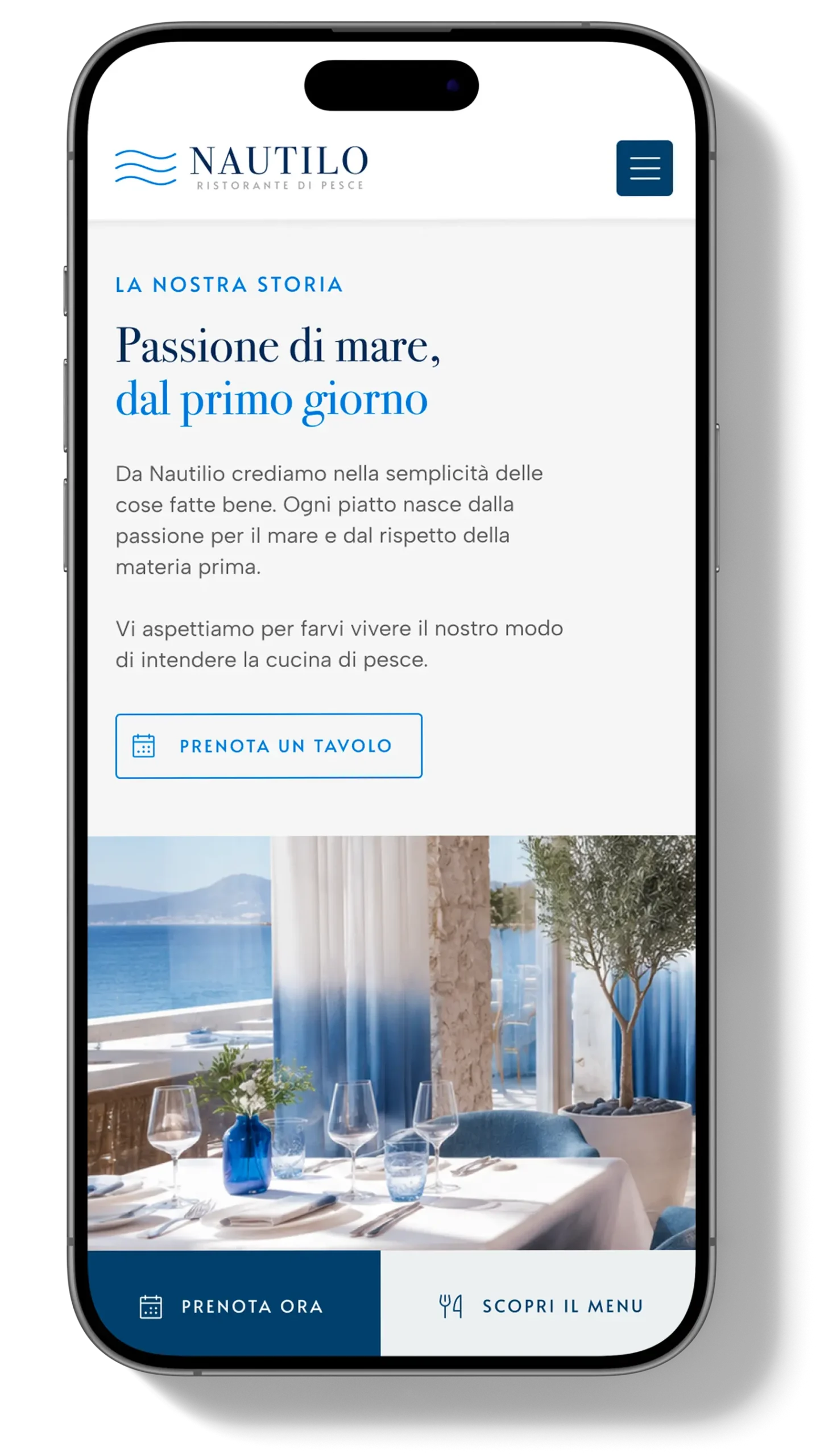 Caso studio della sezione "La nostra storia" di Nautilo con pulsante di prenotazione, progettata per aumentare le conversioni e valorizzare l'identità del ristorante.