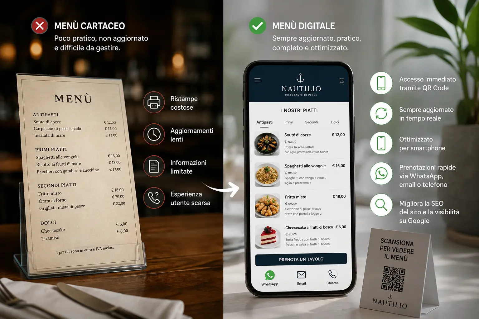 Infografica che confronta un menù cartaceo con un menù digitale per ristorante, mostrando i vantaggi del QR Code, della consultazione da smartphone, delle prenotazioni online e della migliore visibilità su Google.