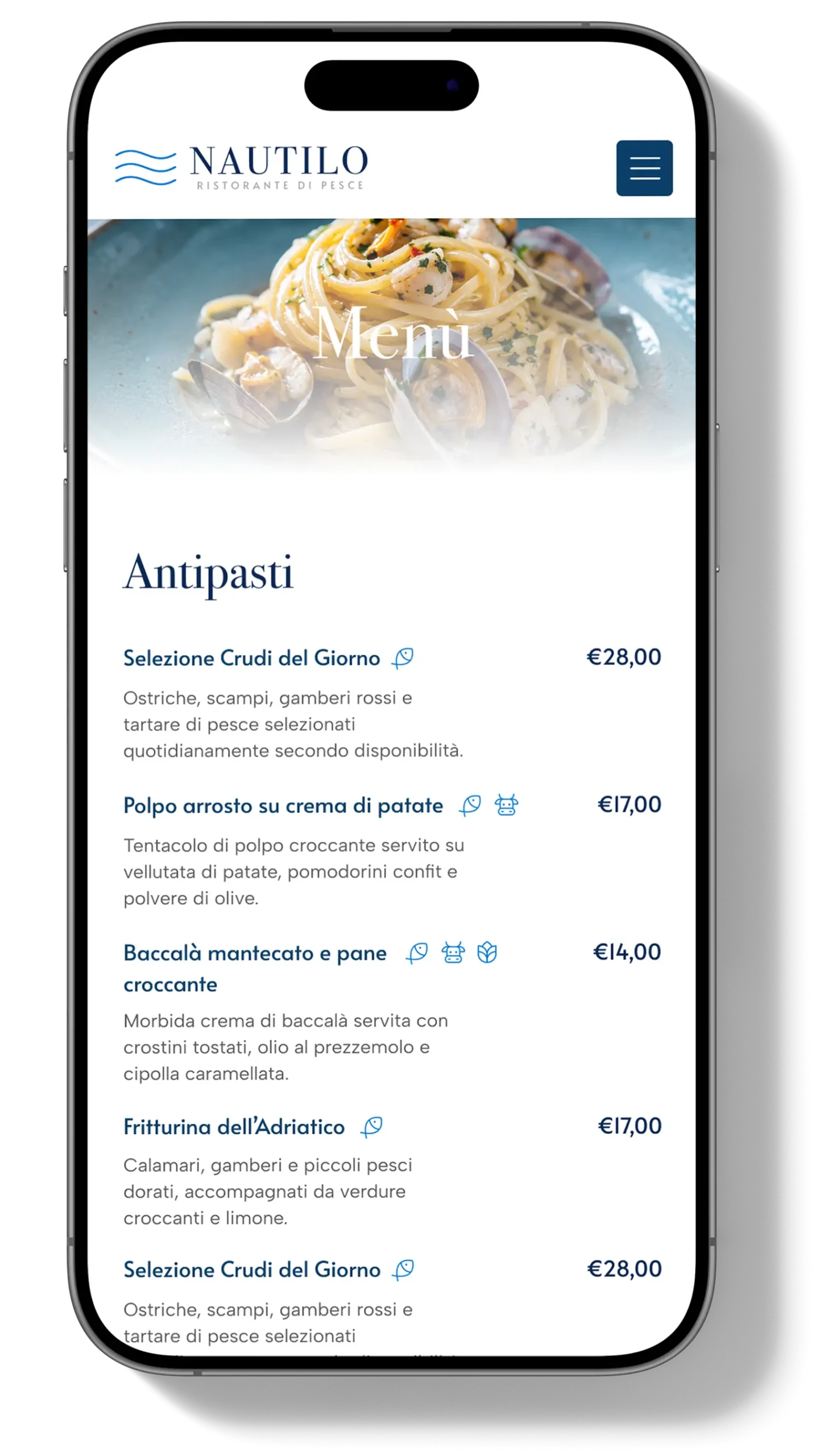 Caso studio del menù digitale con QR Code di Nautilo, progettato per migliorare l'esperienza utente e semplificare la consultazione del menù da smartphone.