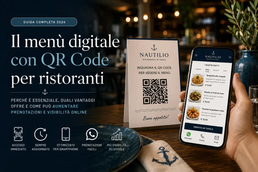 Guida completa al menù digitale con QR Code per ristoranti: smartphone con menù online, QR Code da tavolo e sistema di prenotazione tramite WhatsApp ed email per migliorare l'esperienza utente e la SEO del sito web.