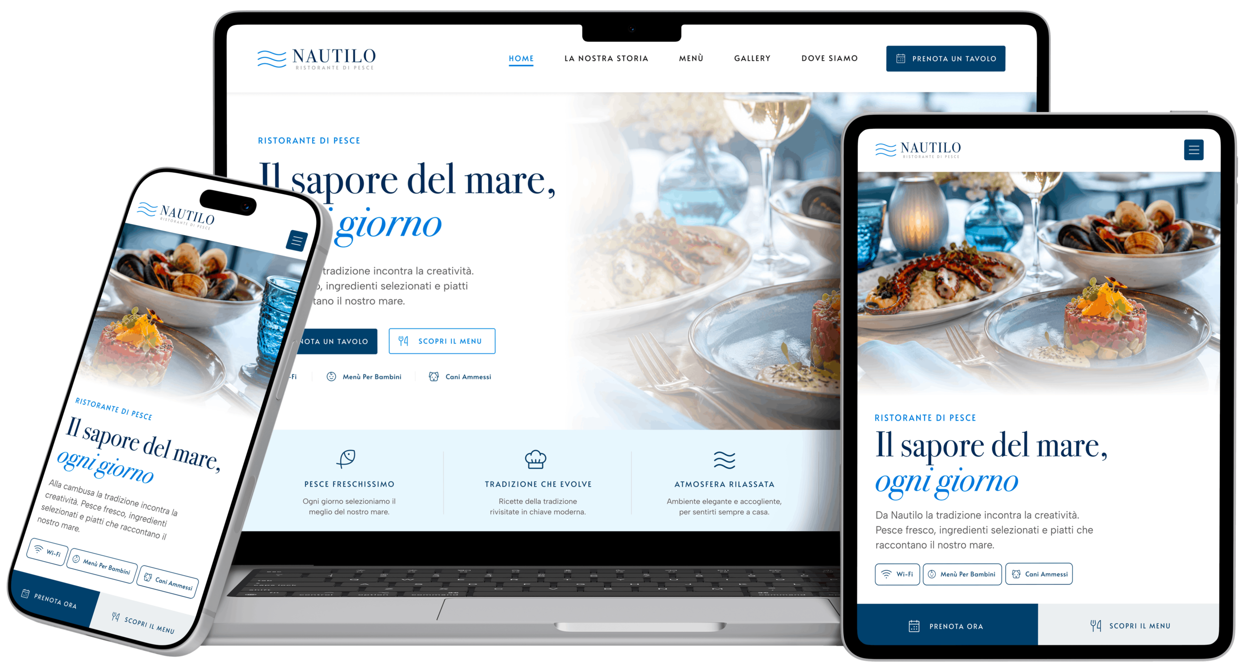 Homepage responsive del sito web Nautilo per ristorante di pesce, visualizzata su desktop, tablet e smartphone con design mobile first, ottimizzazione SEO e interfaccia moderna per le prenotazioni online.