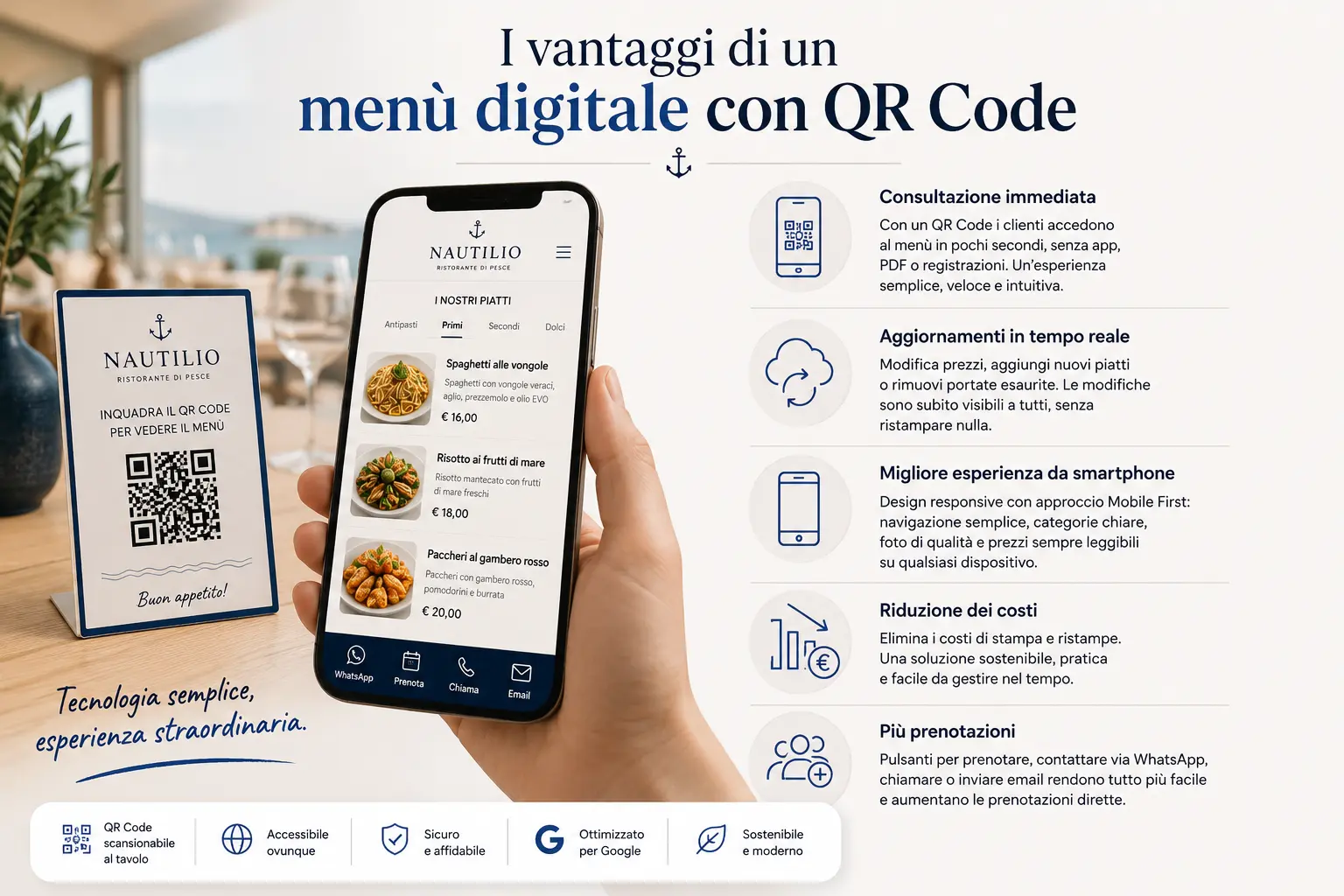 Menù digitale con QR Code per ristorante visualizzato su smartphone, con i vantaggi di una pagina web responsive, aggiornamenti immediati, prenotazioni online e migliore esperienza utente.